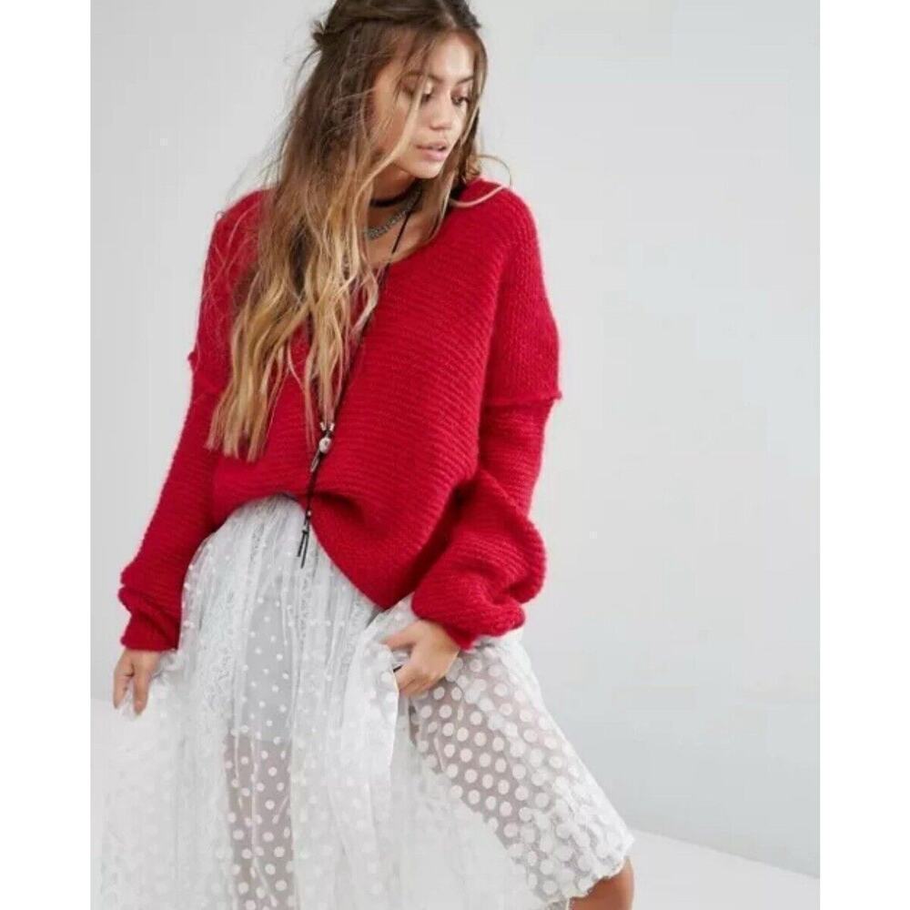 Free People All Mine Sweater Raspberry Size XS Pink V Neck Alpaca Wool